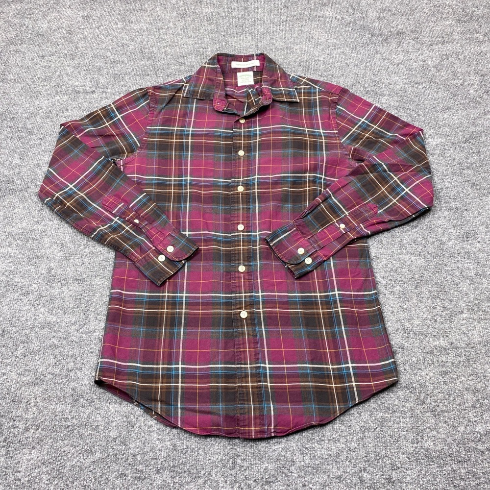 Brooks Brothers Shirt Mens Small Burgundy Plaid Milano Fit Italian Fabric Cotton